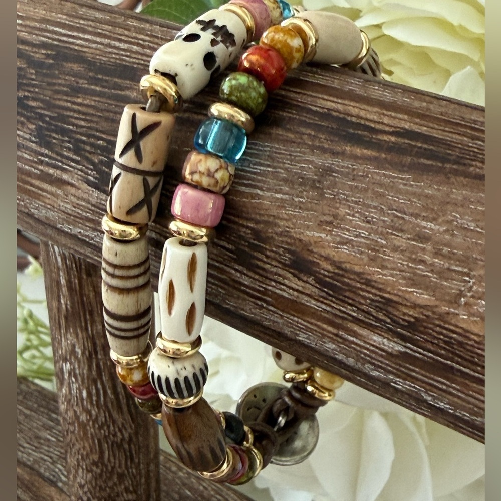 Boho Bead Double Strand Leather Wrap Bracelet